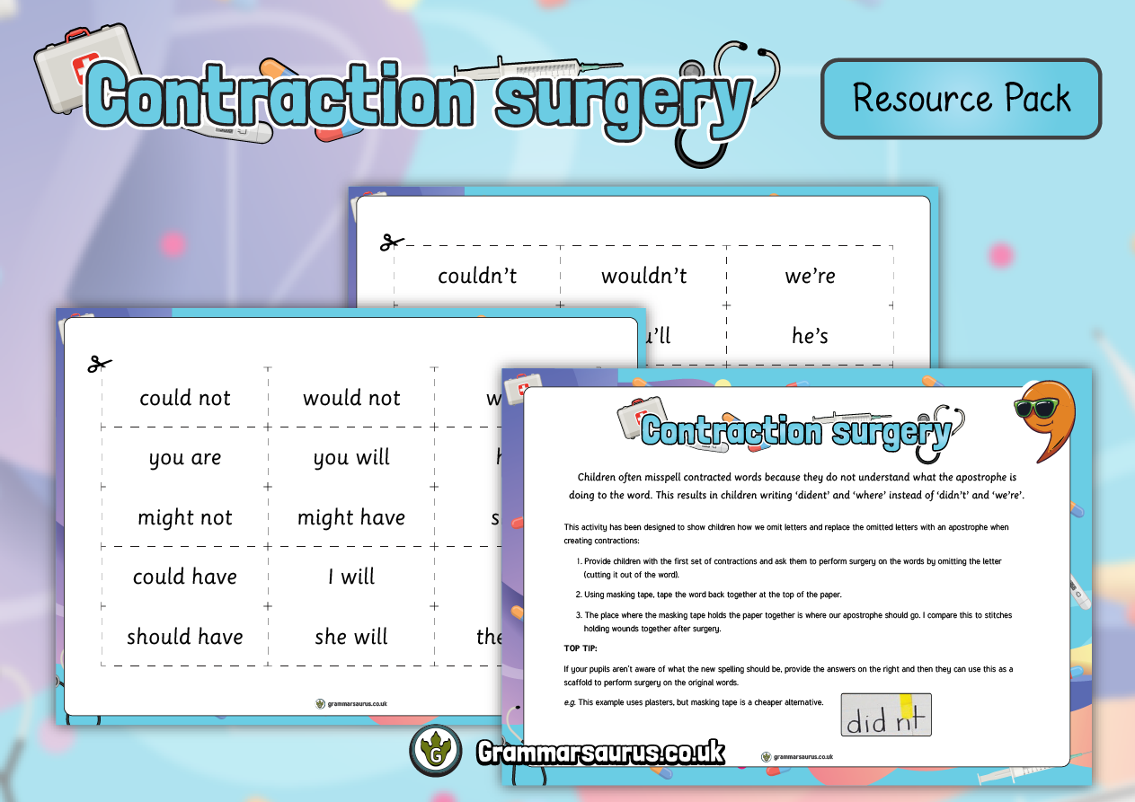 contraction-surgery-resource-pack-grammarsaurus for Free Printable List Of Contractions Contraction Surgery Resource Pack - Grammarsaurus for Free Printable List Of Contractions