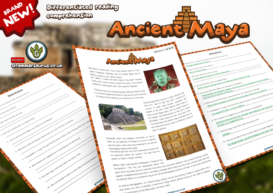 Year 3/4 Reading Comprehension Pack - Ancient Maya - Grammarsaurus