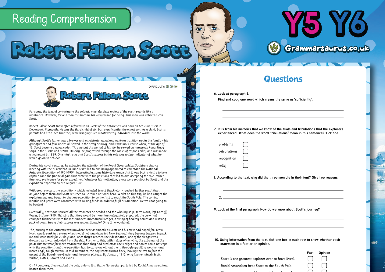 Year 5/6 Reading Comprehension Pack Robert Falcon Scott