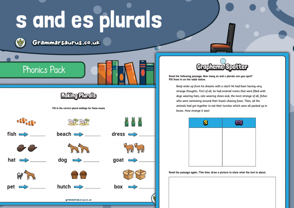 KS1 - 's' and 'es' Plurals Phonics Pack - Grammarsaurus