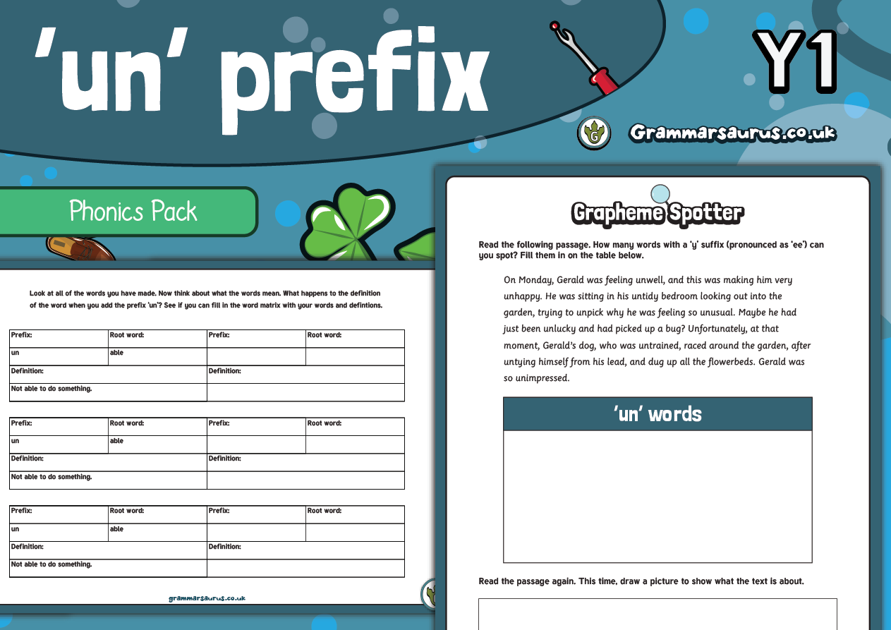 Year 1 - un Prefix Phonics Pack - Grammarsaurus