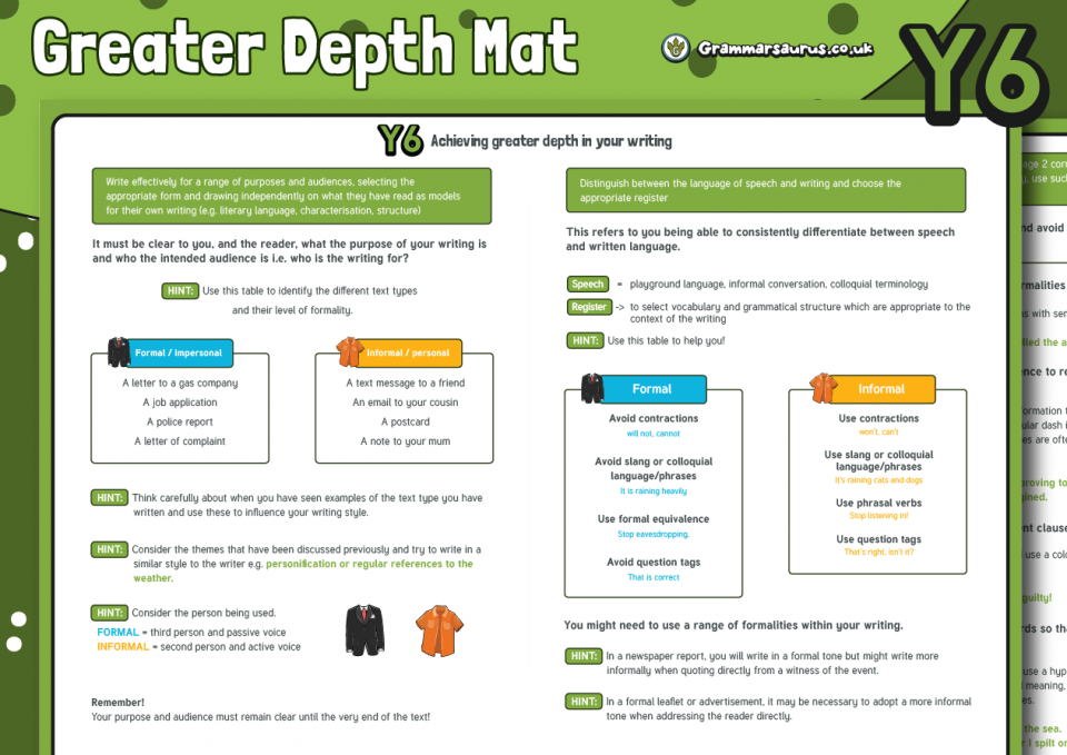 Year 6 Achieving Greater Depth Mat Writing Grammarsaurus