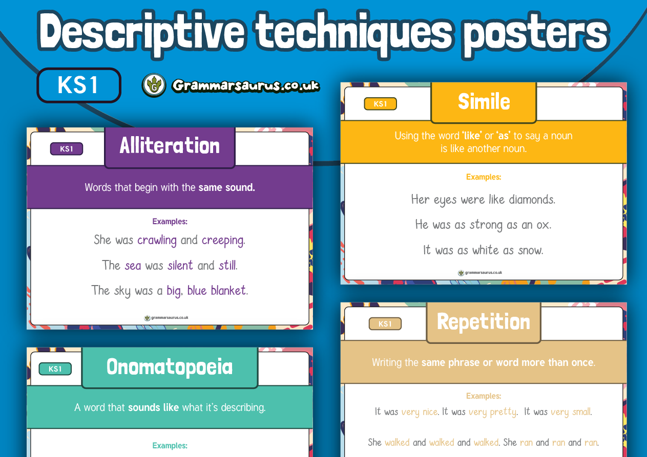 KS1 Grammar Descriptive Techniques Poster Pack Grammarsaurus