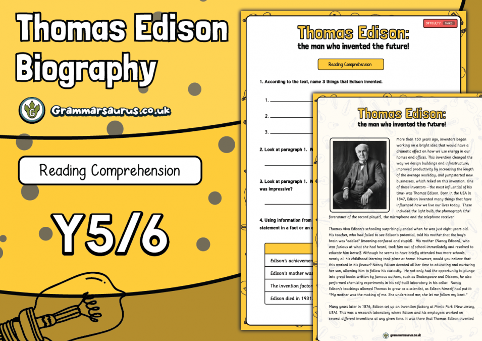 Year 5/6 Reading Comprehension Pack Thomas Edison