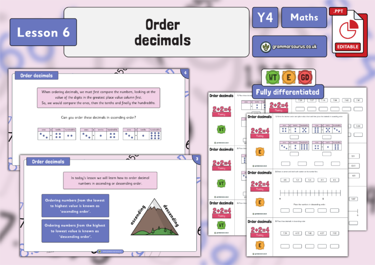 Year 4 Decimals (part 2) - Order Decimals - Lesson 6 - Grammarsaurus