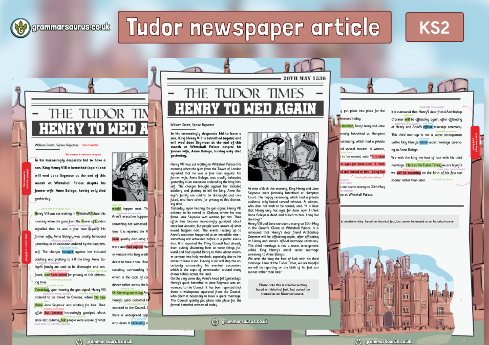 Year 5 6 Model Text Newspaper Report The Tudors Henry Weds Again Grammarsaurus