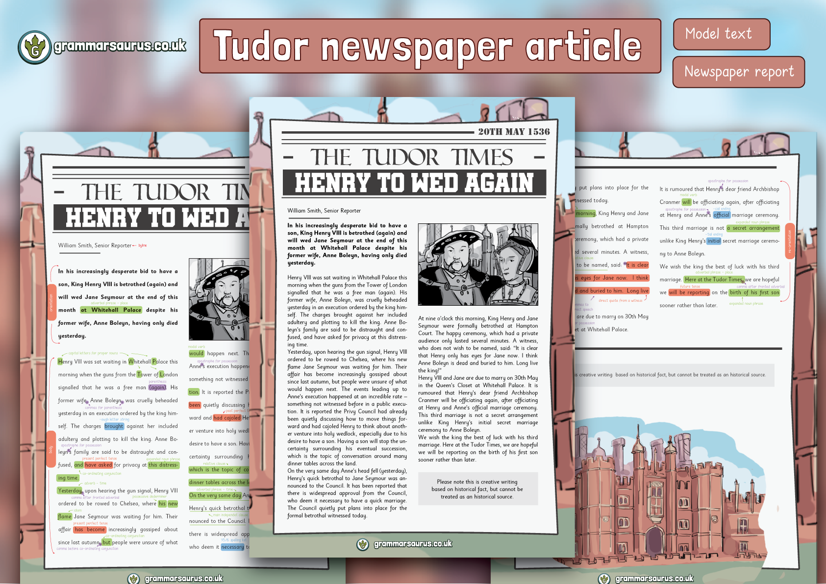 Year 6 Model Text Newspaper Report The Tudors Henry Weds Again P6 Grade 5 5th Class Grammarsaurus