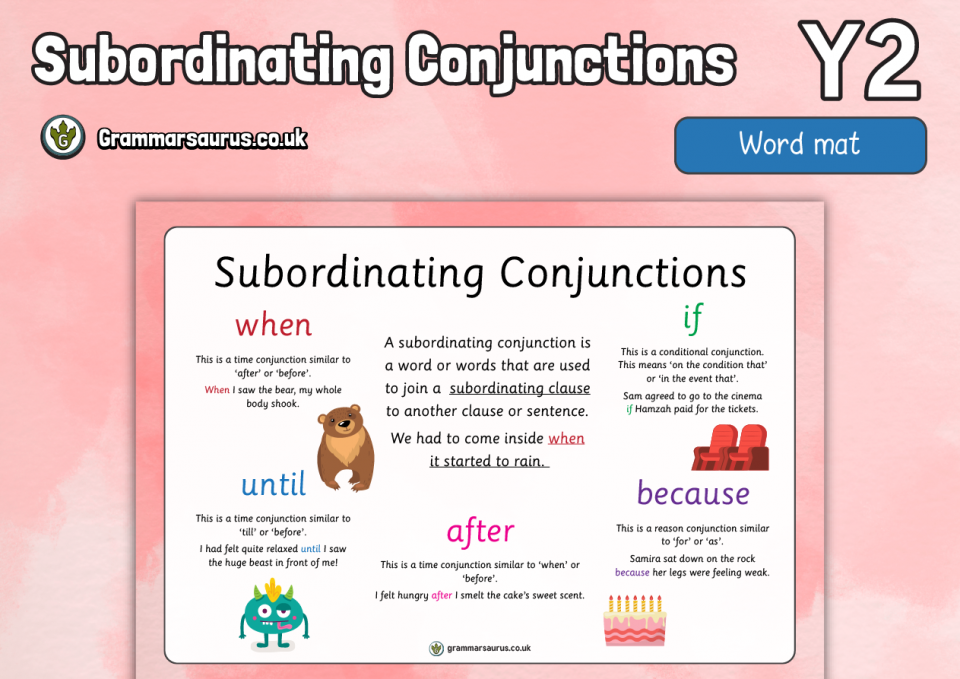Year 2 Subordinating Conjunctions Word Mat Grammarsaurus