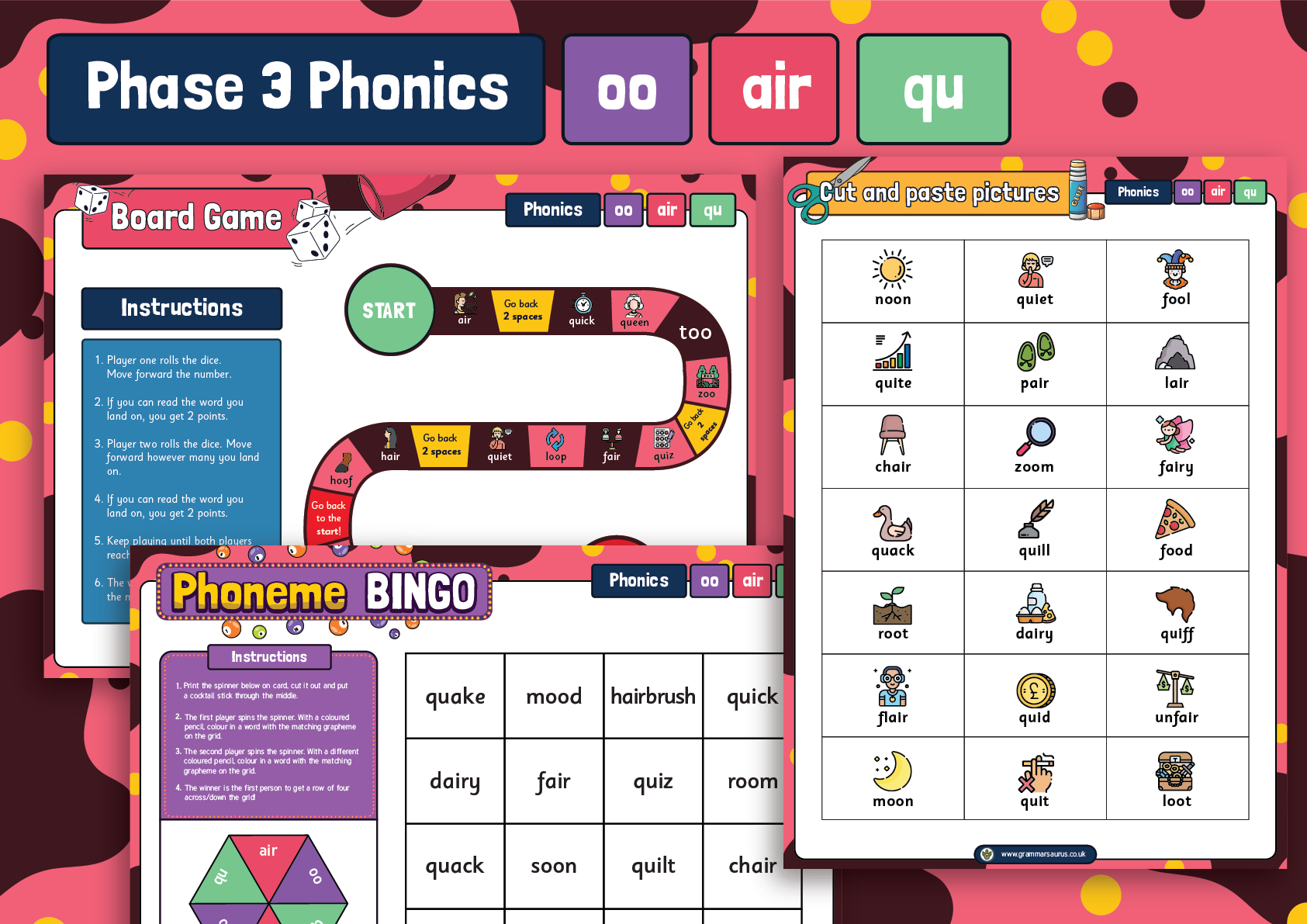 Phonics Phase 3 - Phoneme Board Game and Activity Pack - oo, air and qu -  Grammarsaurus