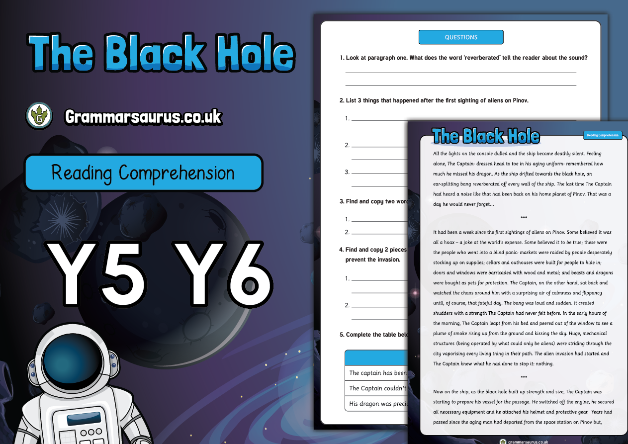 Year 5/6 Reading Comprehension Pack - The Black Hole - Grammarsaurus