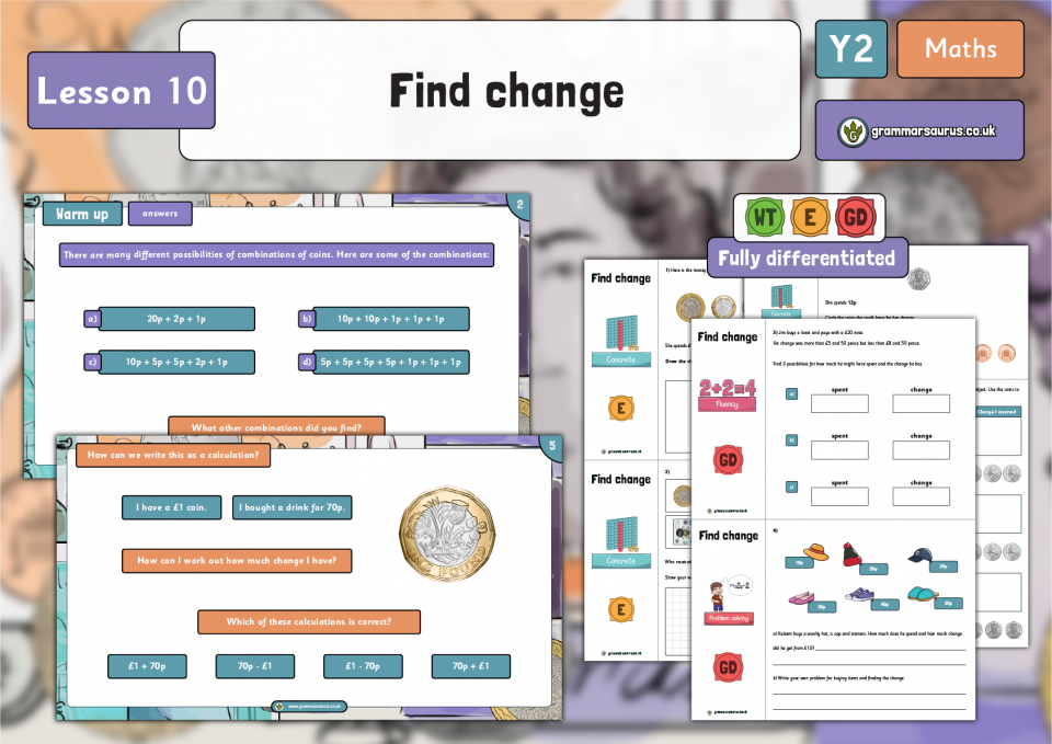 Year 2 Measurement - Money - Find Change - Lesson 10 - Grammarsaurus