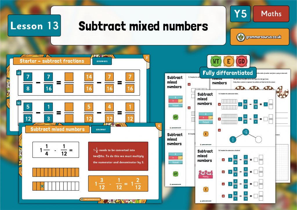 Year 5 Fractions – Subtract Mixed Numbers – Lesson 13 - Grammarsaurus