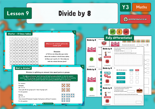 Year 3 Multiplication and Division - Divide by 8 - Lesson 9 - Grammarsaurus