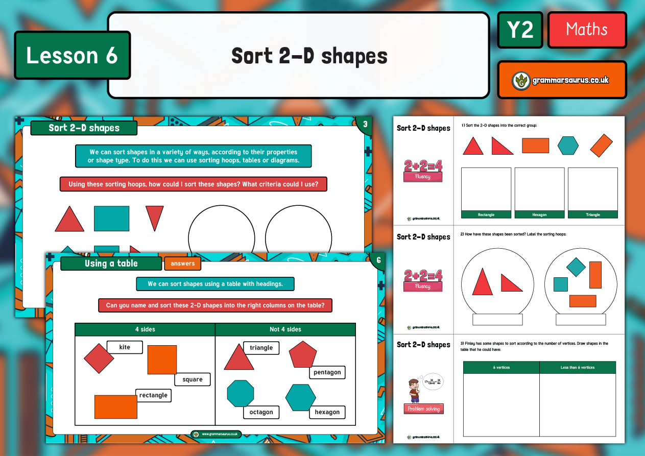 Year 2 Properties of Shape - Sort 2-D Shapes - Lesson 6 - Grammarsaurus