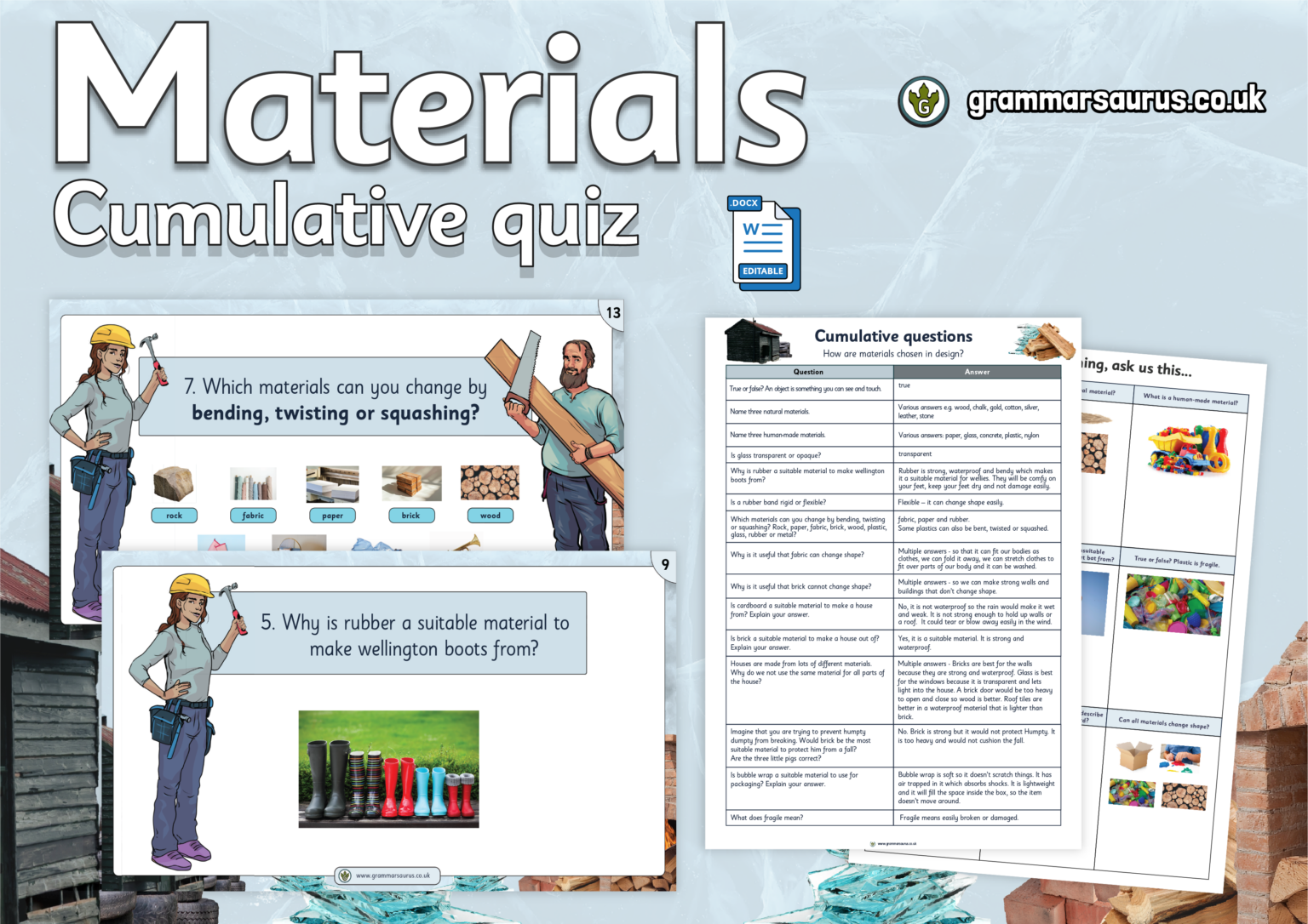 Year 2 Science - Materials - Cumulative quiz - Grammarsaurus