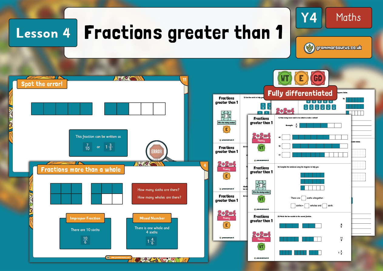 Year 4 Fractions - Fractions greater than 1 - Lesson 4 - Grammarsaurus