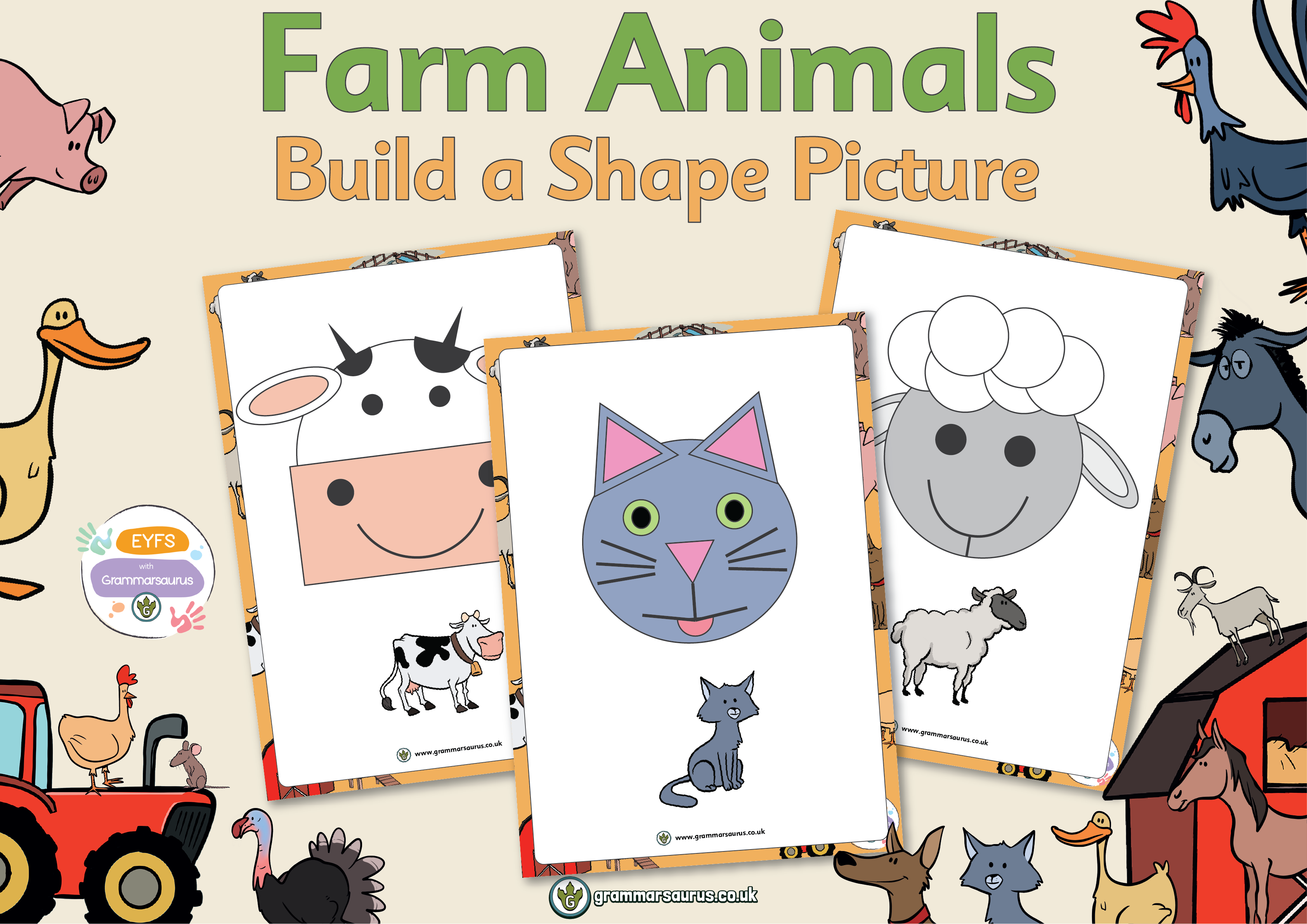 EYFS Farm Animals - Build a Shape Picture - Grammarsaurus