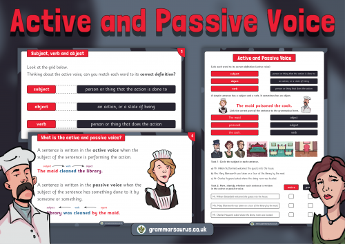 Year 6 SPaG - Active and Passive Resource Pack - Whodunnit? - Grammarsaurus