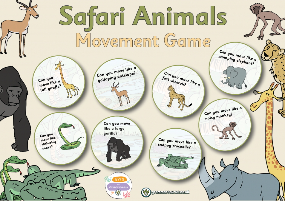 EYFS Safari Animals - Movement Game - Grammarsaurus