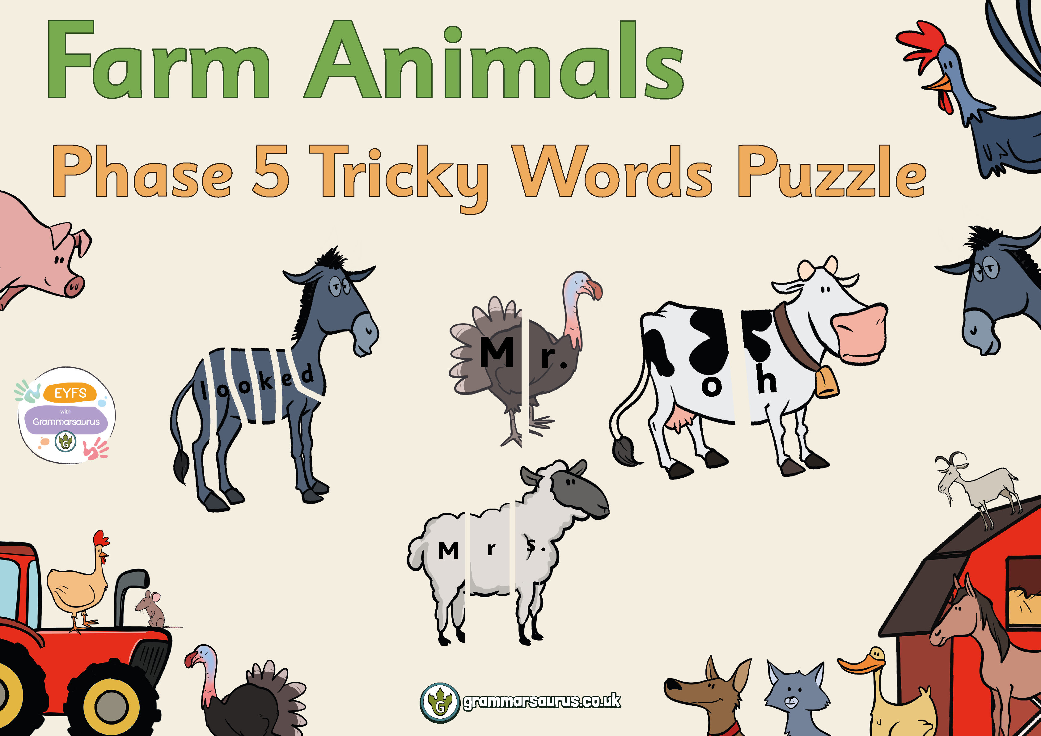 EYFS Farm Animals - Phase 5 Tricky Words Puzzle - Grammarsaurus
