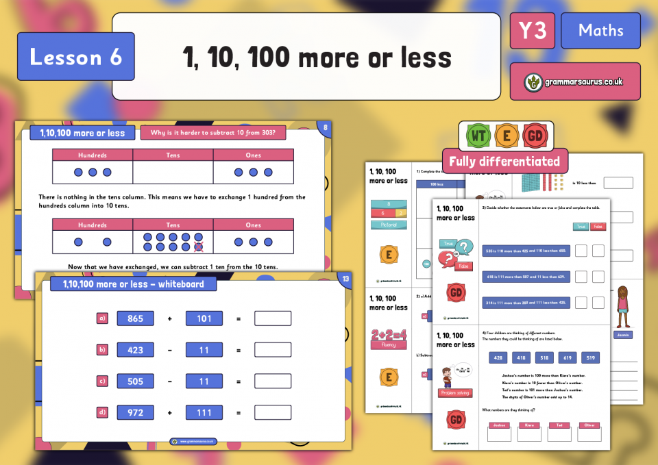 Year 3 Place Value 1 10 100 More Or Less Lesson 6 Grammarsaurus 6365