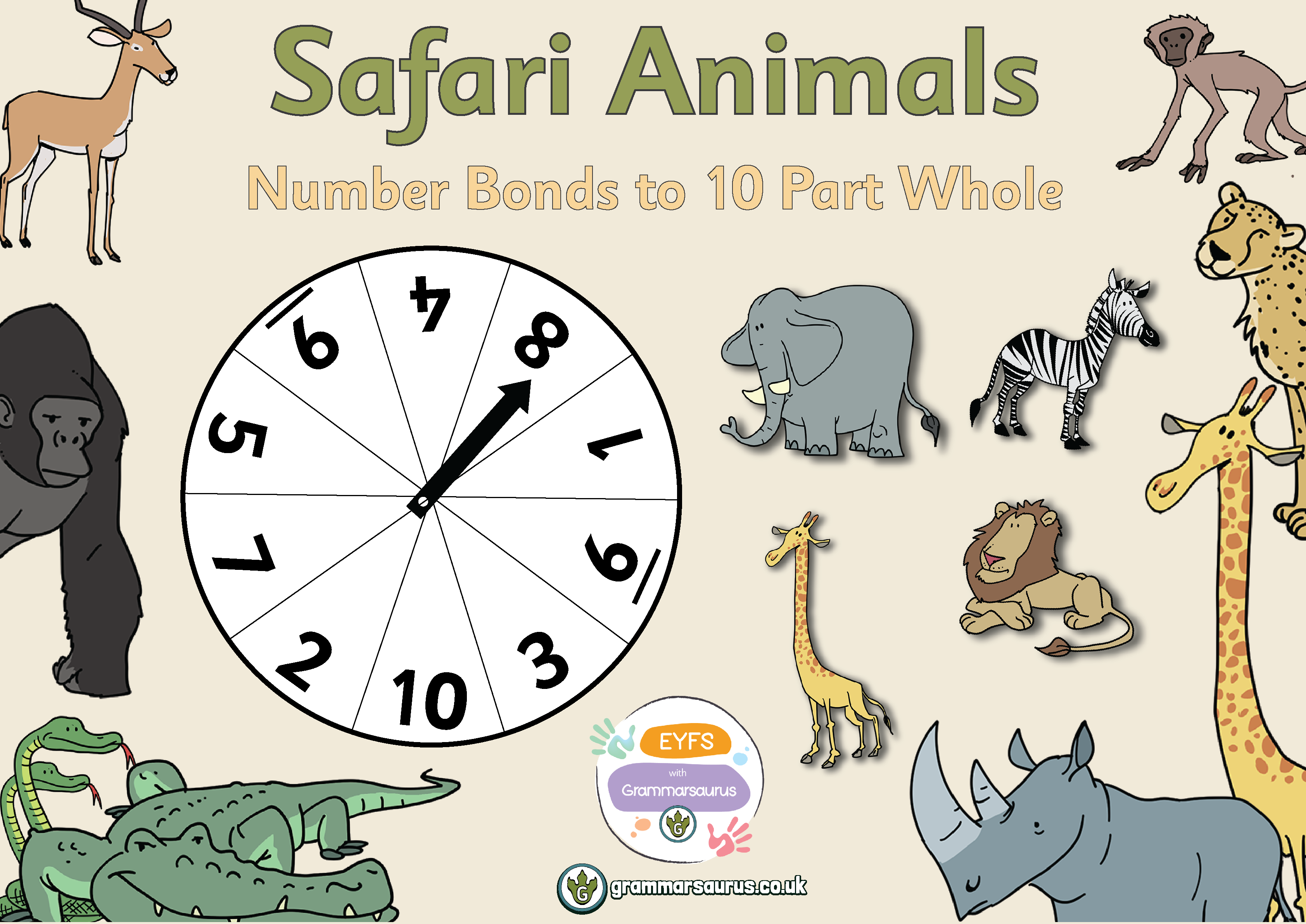 EYFS Safari Animals - Number Bonds to 10 Part Whole - Grammarsaurus