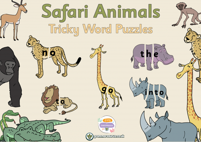 EYFS Safari Animals Tricky Word Puzzles Grammarsaurus