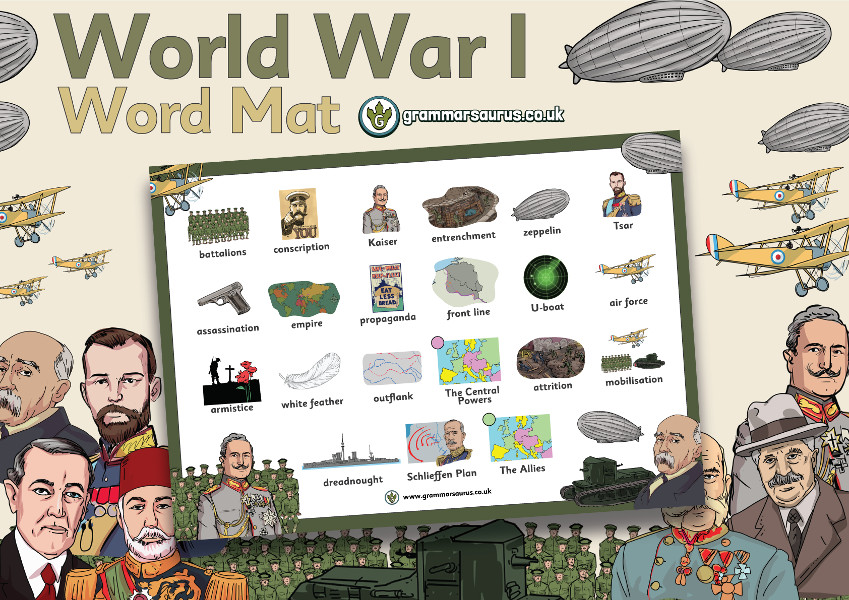 History World War One Word Mat Grammarsaurus