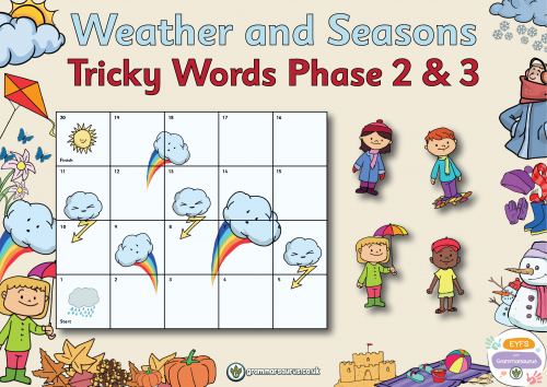 EYFS Weather and Seasons - Tricky Words Phase 2 & 3 - Grammarsaurus