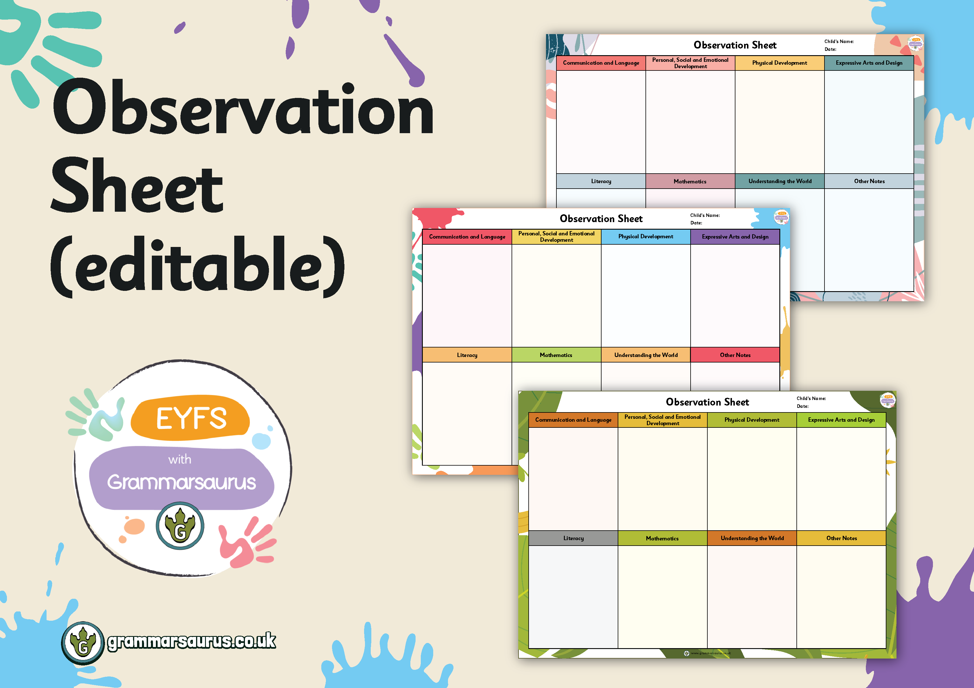 Eyfs Assessment Observation Sheet Editible Grammarsaurus 0450