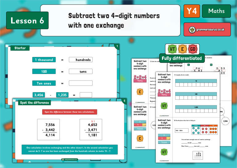 Year 4 Addition and Subtraction - Subtract two 4-digit numbers with one ...