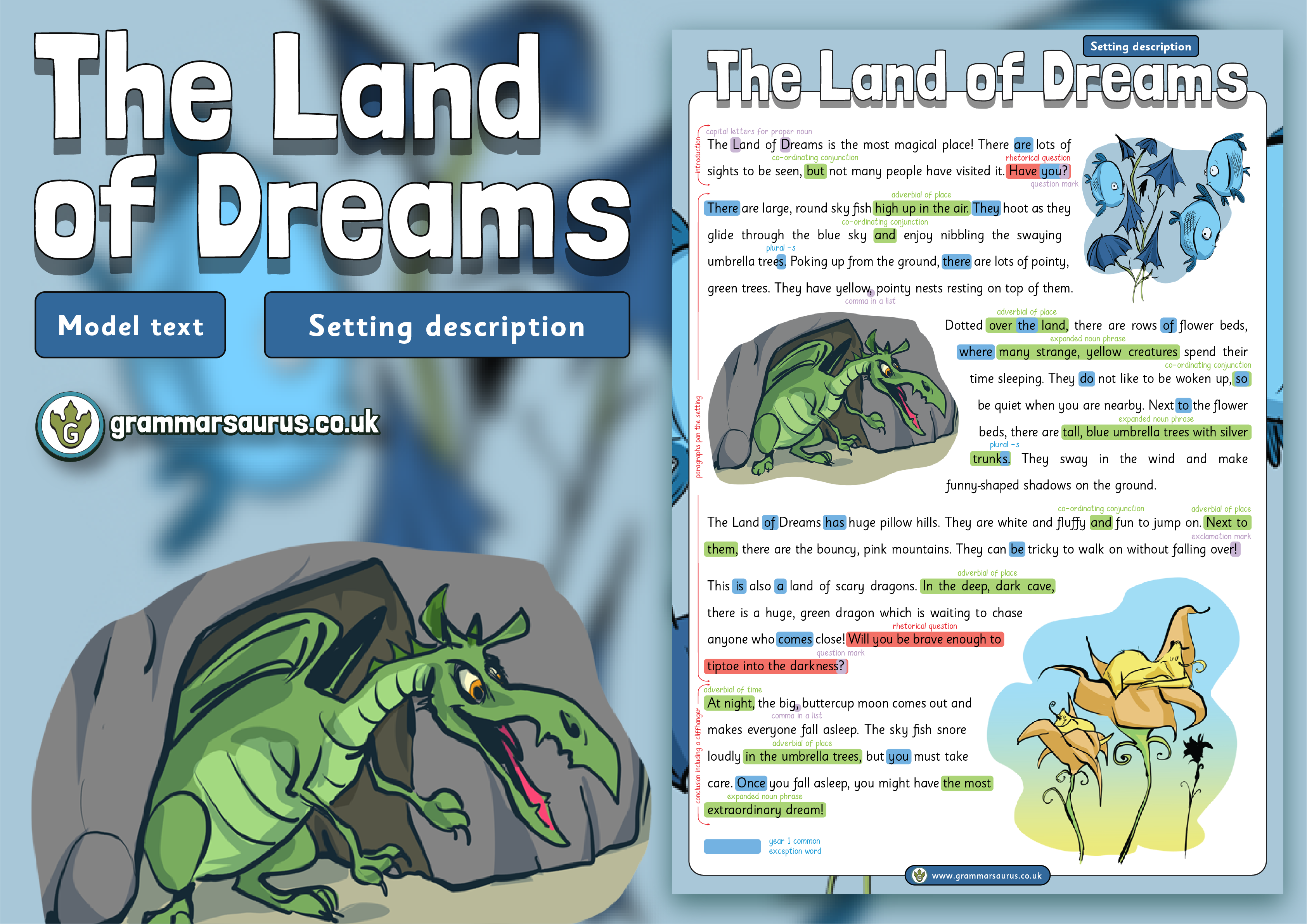 Year 1 Model Text - Setting description - The Land of Dreams  (🏴󠁧󠁢󠁳󠁣󠁴󠁿 P1, 🇦🇺🇺🇸 Kindergarten & 🇮🇪 Senior infants) -  Grammarsaurus