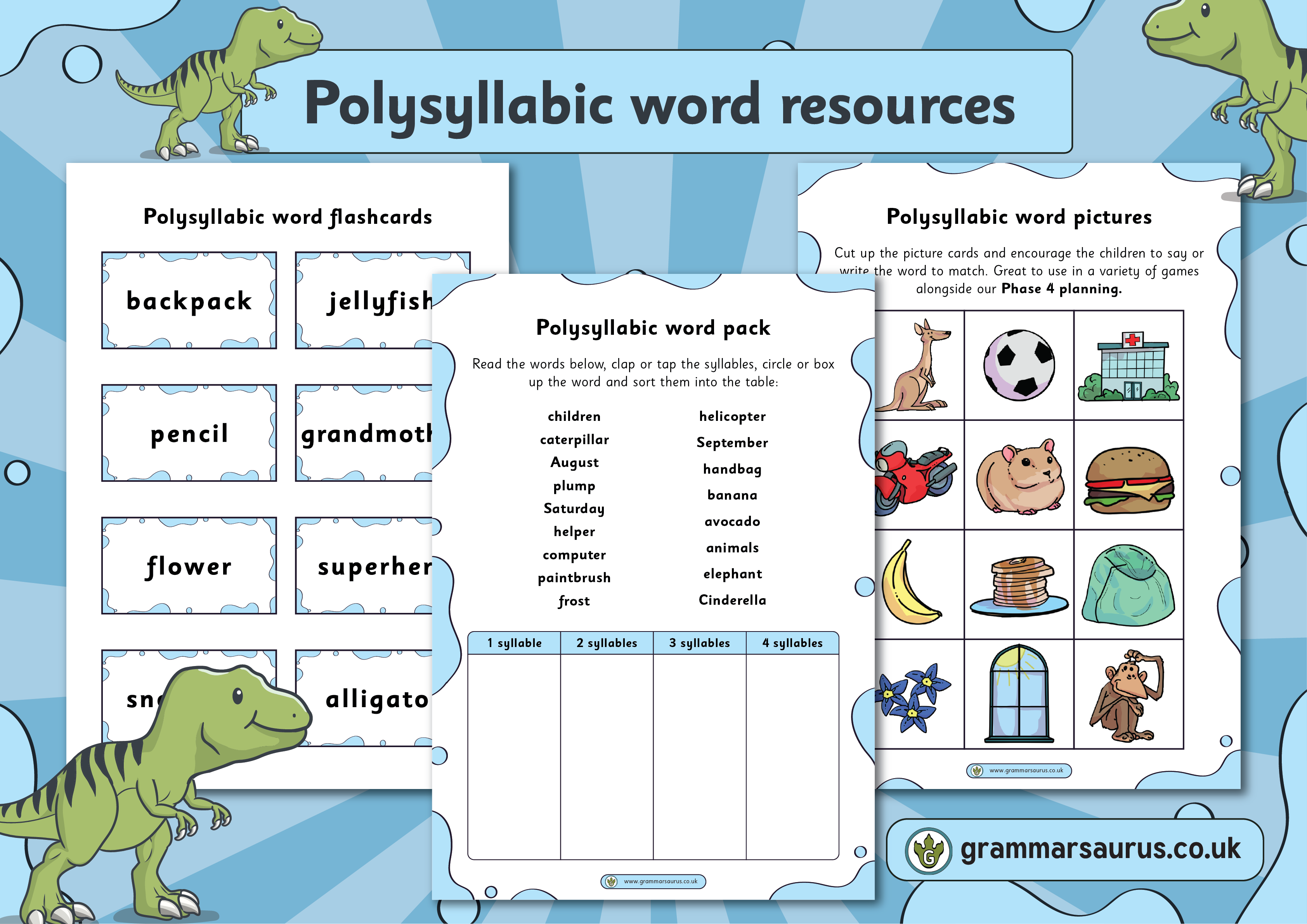 Phonics Phase 4 - Polysyllabic word resources - Grammarsaurus