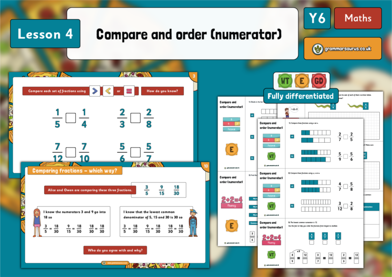 Year 6 Fractions A - Compare & Order (numerator) - Lesson 4 - Grammarsaurus