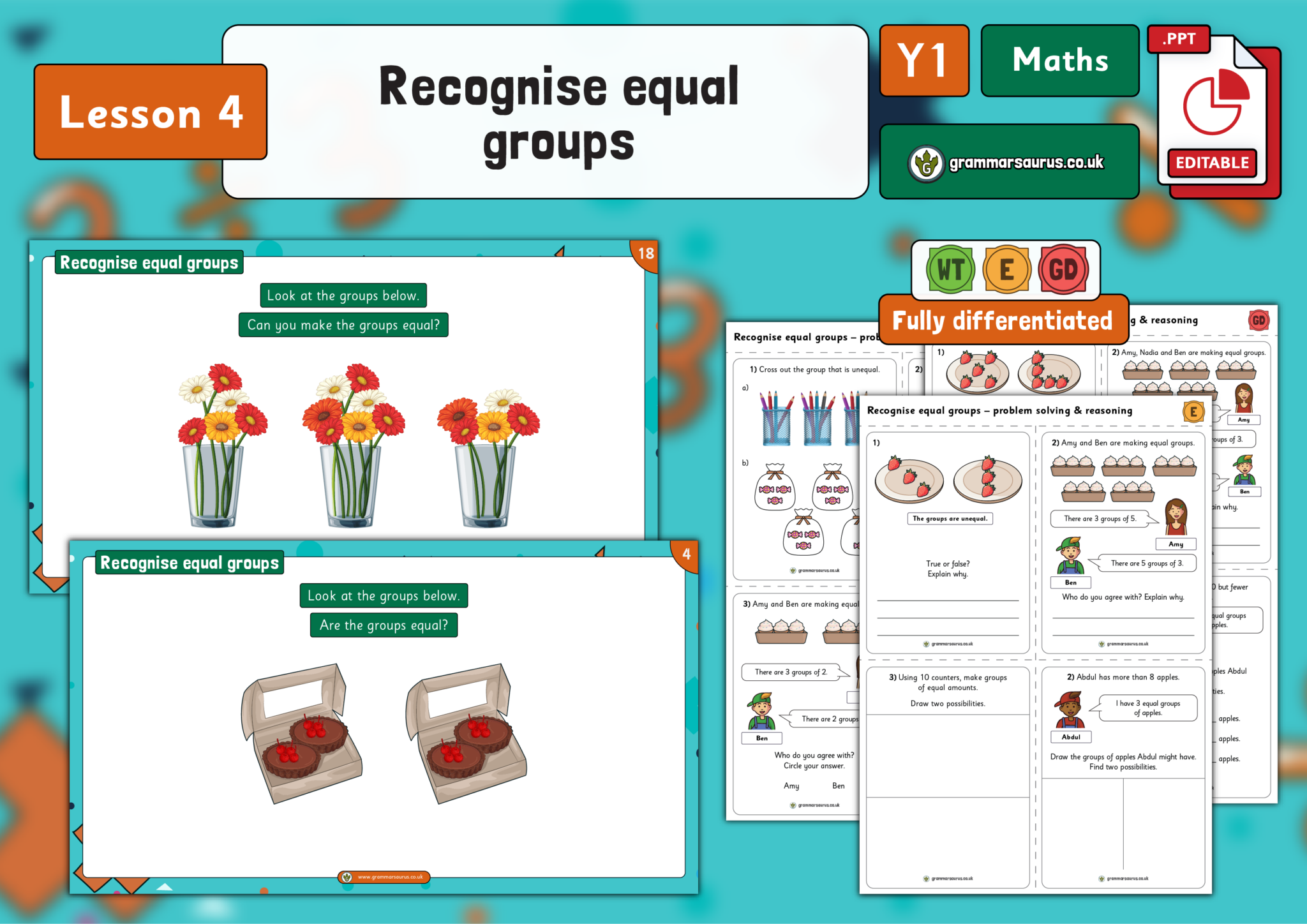 Year 1 Multiplication and Division - Recognise equal groups - Lesson 4 - Grammarsaurus
