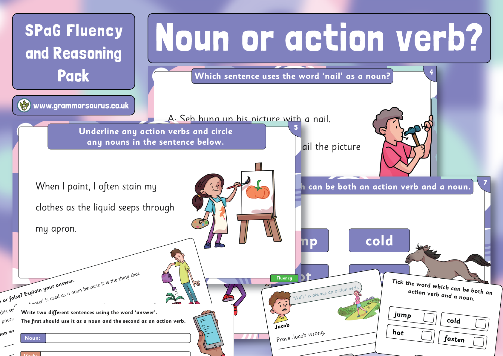 SPaG Fluency Reasoning Pack Noun Or Action Verb Grammarsaurus