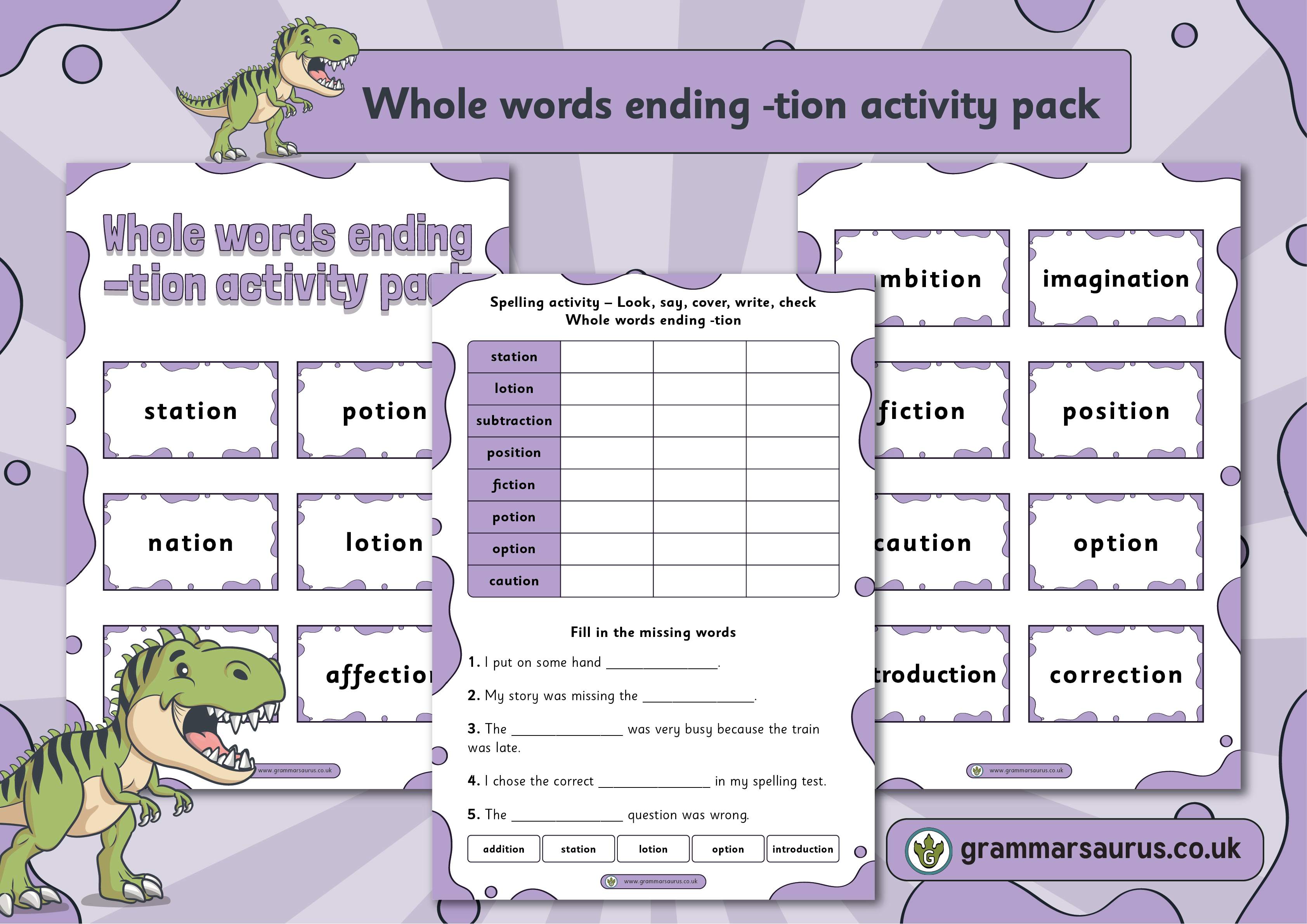 Phonics Phase 6 Whole Words Ending tion Activity Pack Grammarsaurus