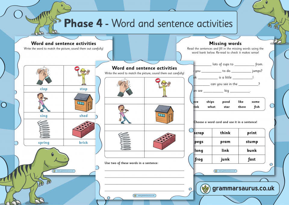 Phonics Phase 4 – Picture Word Activity And Sentences - Grammarsaurus
