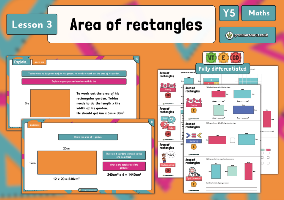 Year 5 Perimeter and Area - Area of Rectangles - Lesson 3 - Grammarsaurus