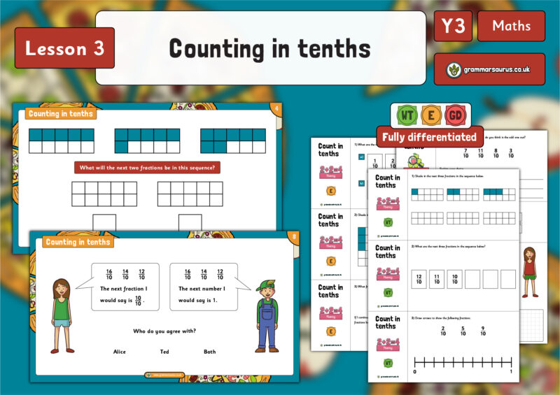 Year 3 Fractions - Counting in tenths - Lesson 3 - Grammarsaurus