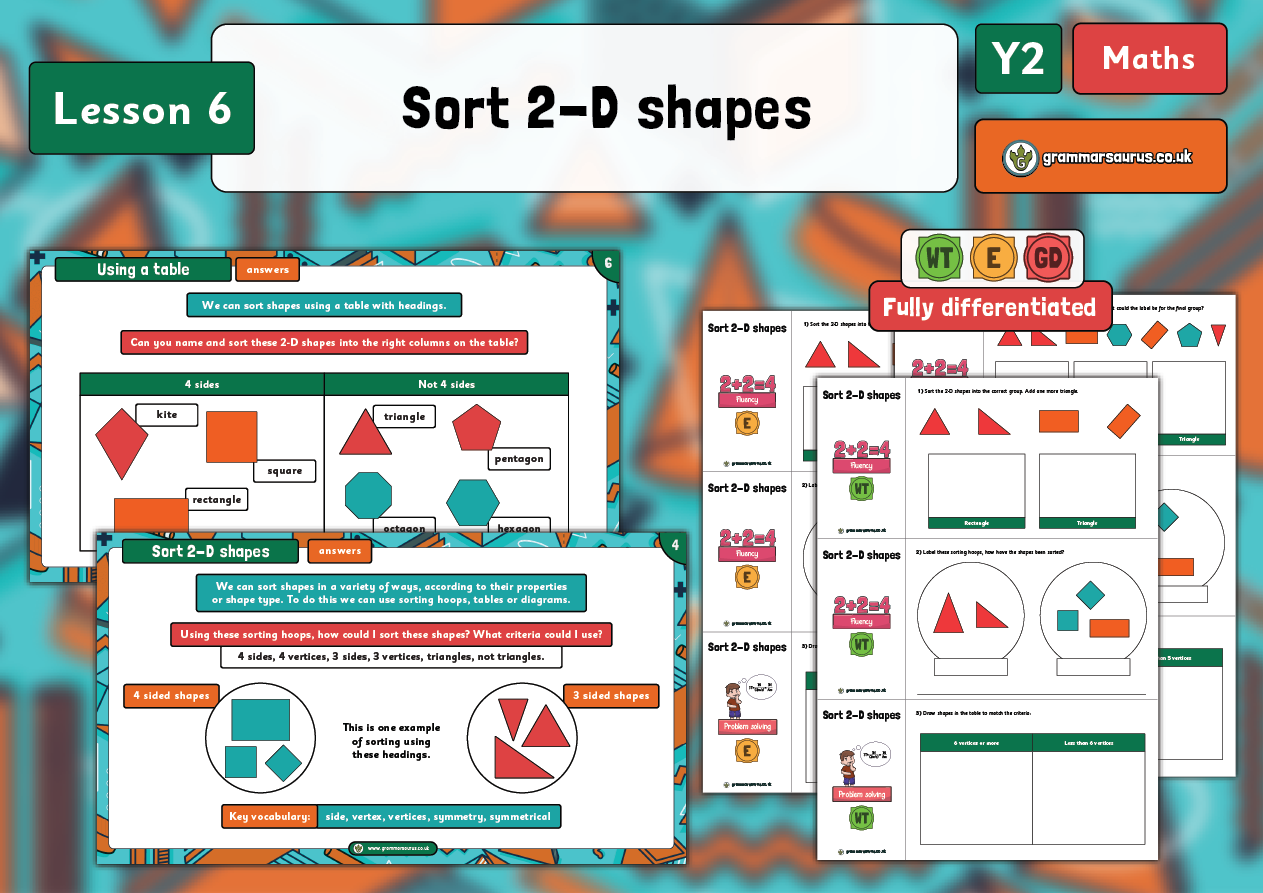 Year 2 Properties of Shape - Sort 2-D Shapes - Lesson 6 - Grammarsaurus