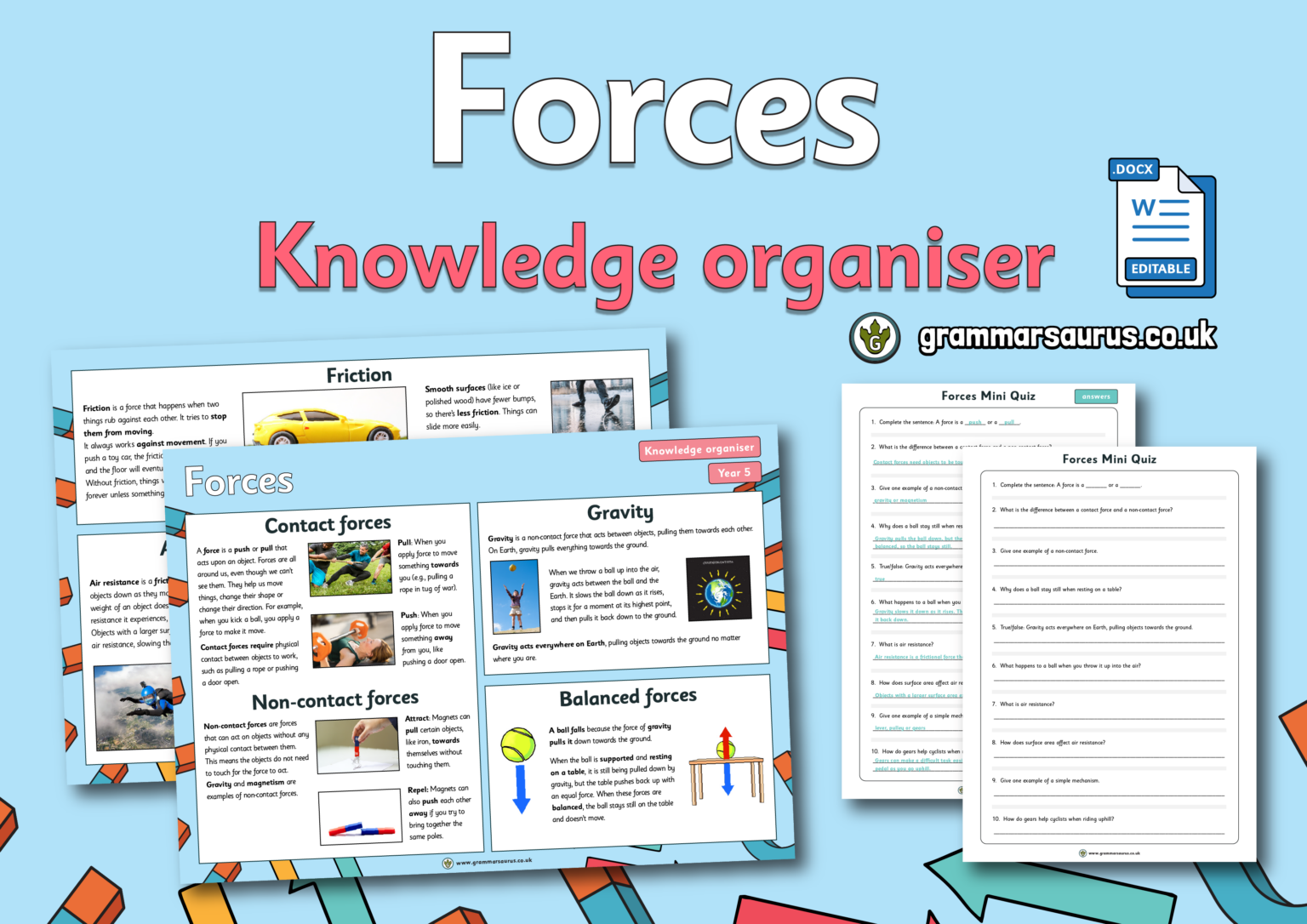 Year 5 Science - Forces - Knowledge organiser - Grammarsaurus