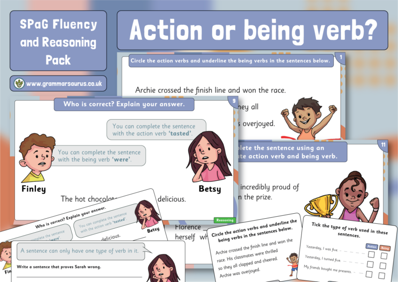 Spag Fluency And Reasoning Pack Action Vs Being Verbs Grammarsaurus