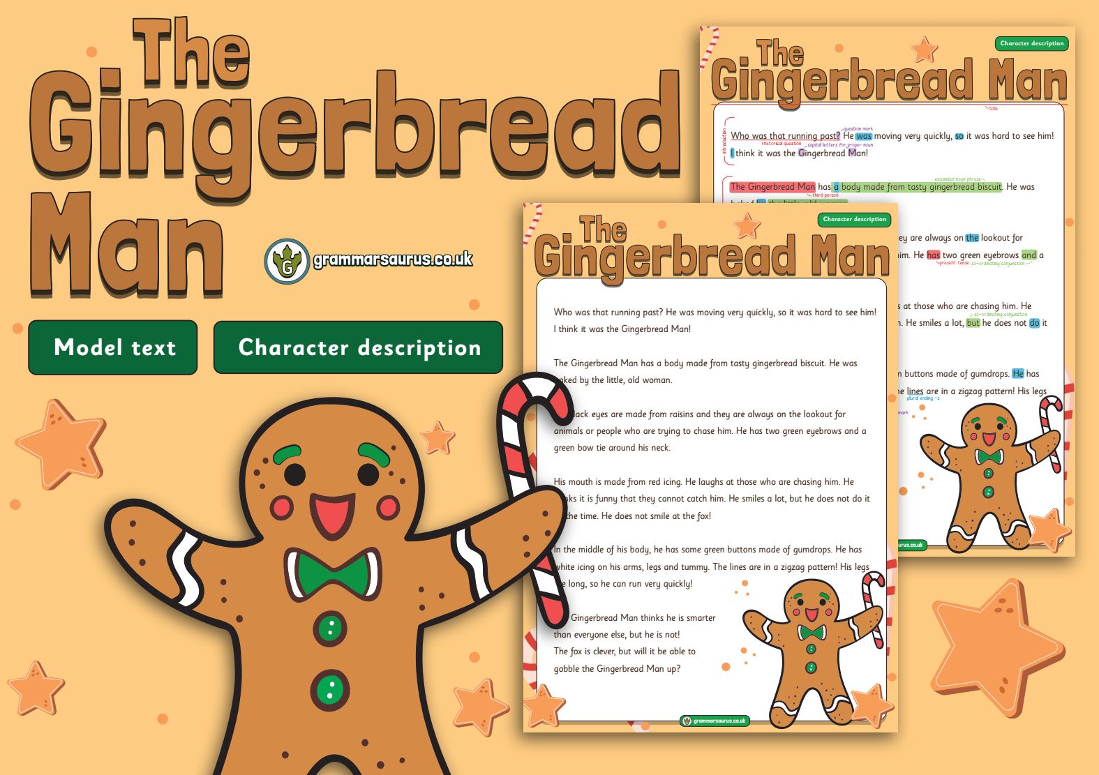 Year 1 Model Text – Character description – The Gingerbread Man  (🏴󠁧󠁢󠁳󠁣󠁴󠁿 P1, 🇦🇺🇺🇸 Kindergarten & 🇮🇪 Senior infants) -  Grammarsaurus