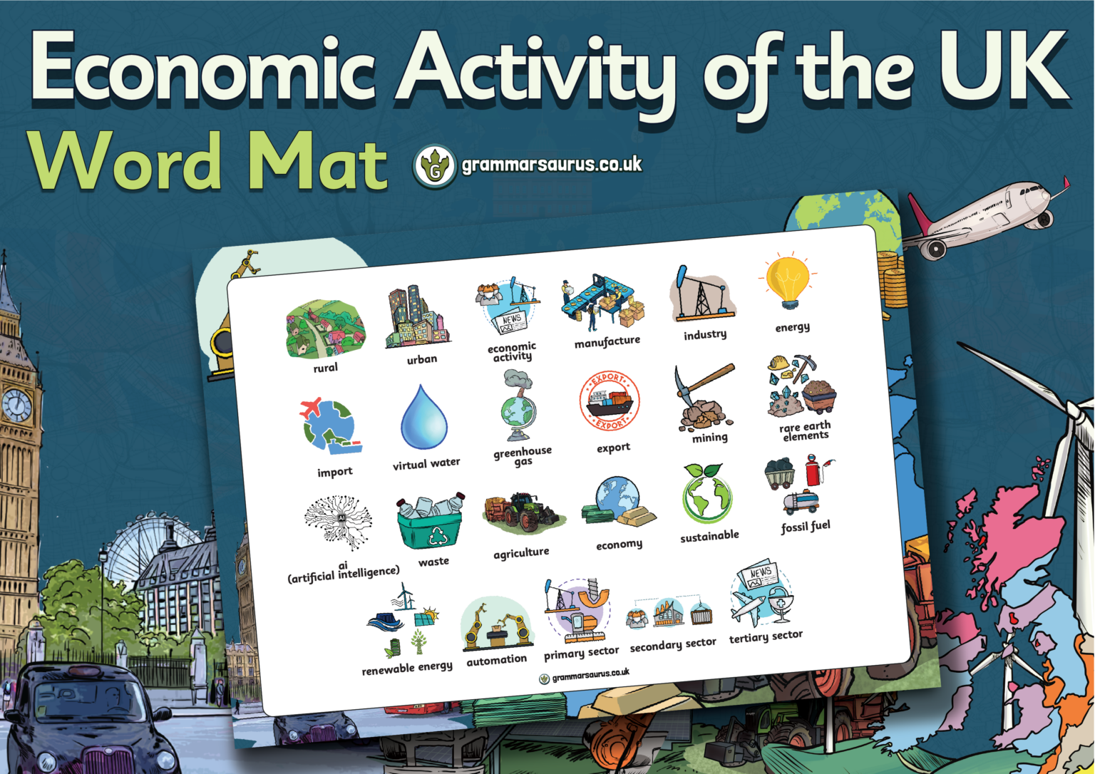 Economic Activity Writing Year 6 Geography – Economic Activity of the UK - Word Mat - Grammarsaurus