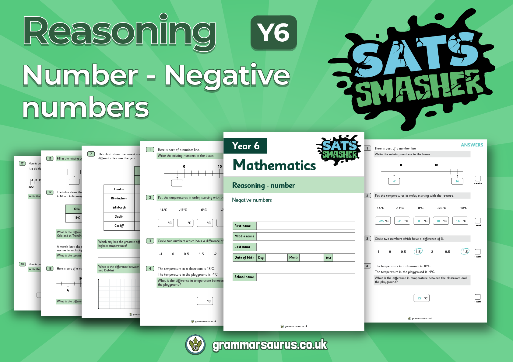Y6 SATs Smasher (Maths) Reasoning Negative Numbers Grammarsaurus