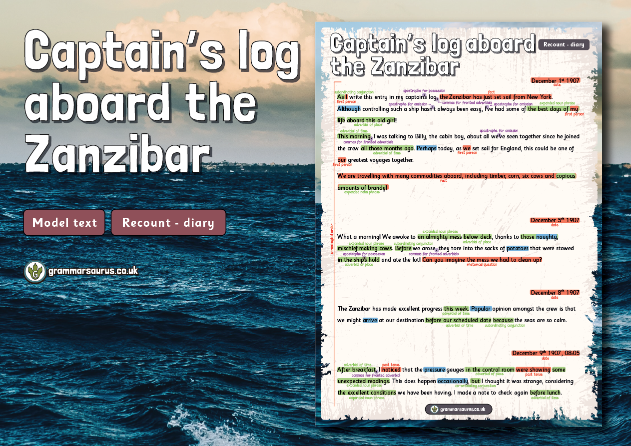 Year 4 Model Text – Recount – diary – Captain's log aboard the Zanzibar ...