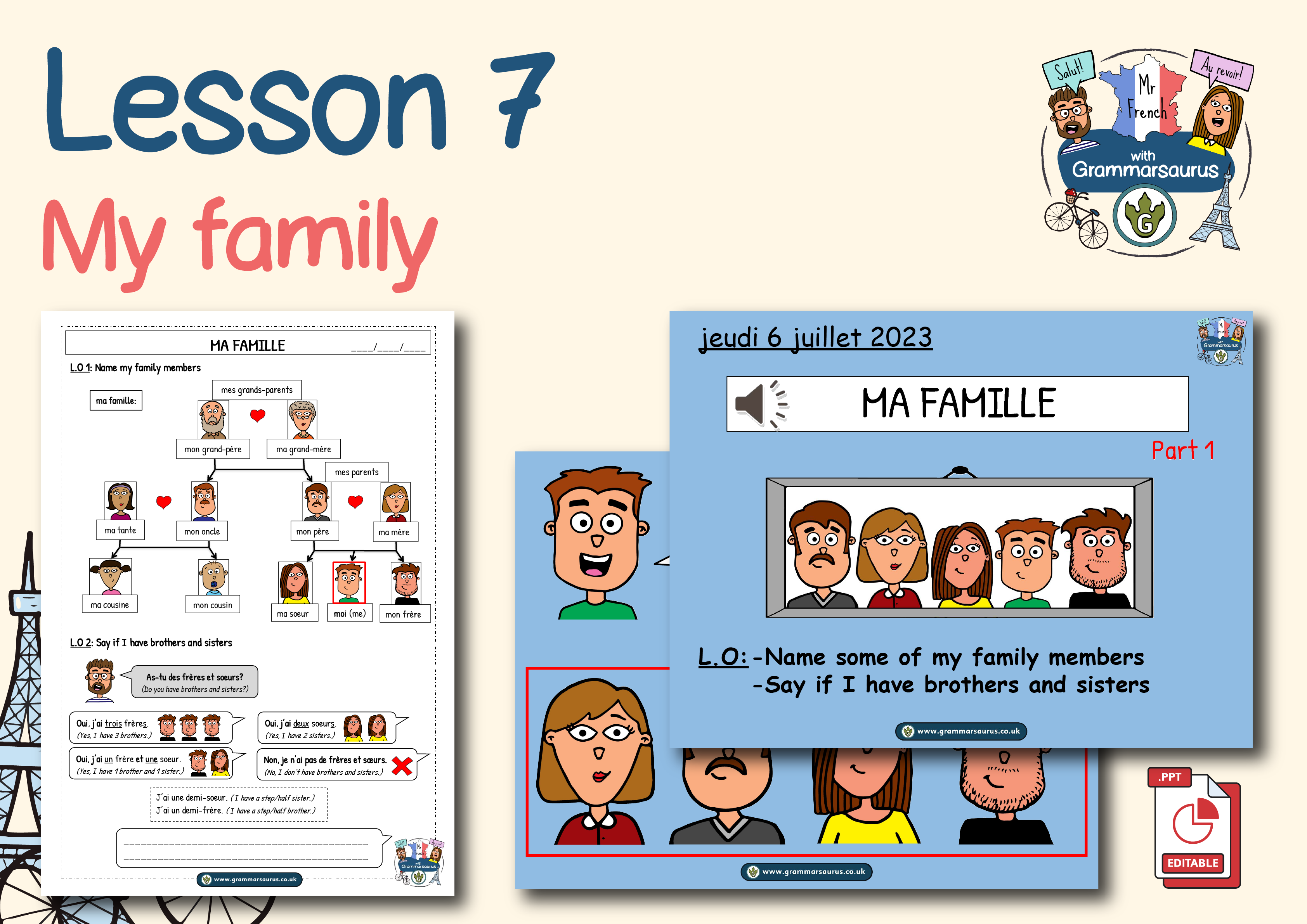 Year 4,5,6 French for Beginners – My family - Lesson 7 - Grammarsaurus