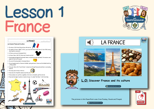 Year 4,5,6 French for beginners – France – Lesson 1 - Grammarsaurus