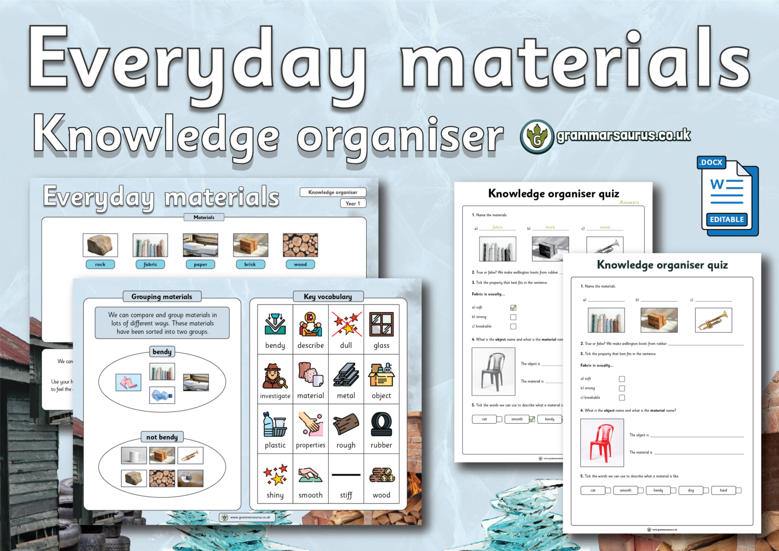 Year 1 Science - Everyday materials - Knowledge organiser - Grammarsaurus